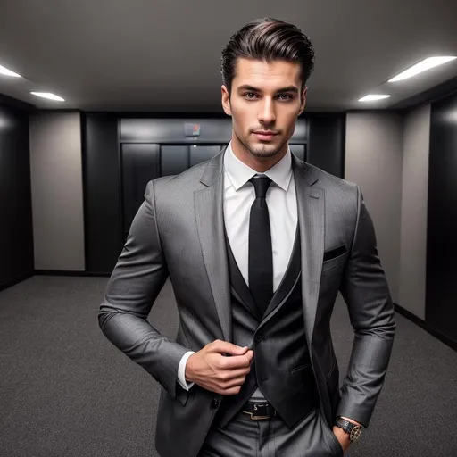 Prompt: Waist high Portrait of a beautiful and handsome Caucasian man in black pant and grey coat with tie at a bank,  perfect detailed face, detailed symmetric hazel eyes with circular iris, realistic, stunning realistic photograph, 3d render, octane render, intricately detailed, cinematic, trending on art station, Isometric, Centered hiper eallistic cover photo, awesome full color, hand drawn, dark, gritty, klimt, erte 64k, high definition, cinematic, neoprene, portrait featured on unsplash, stylized digital art, smooth, ultra high definition, 8k, unreal engine 5, ultra sharp focus, intricate artwork masterpiece, ominous, epic, trending on artstation, highly detailed, vibrant