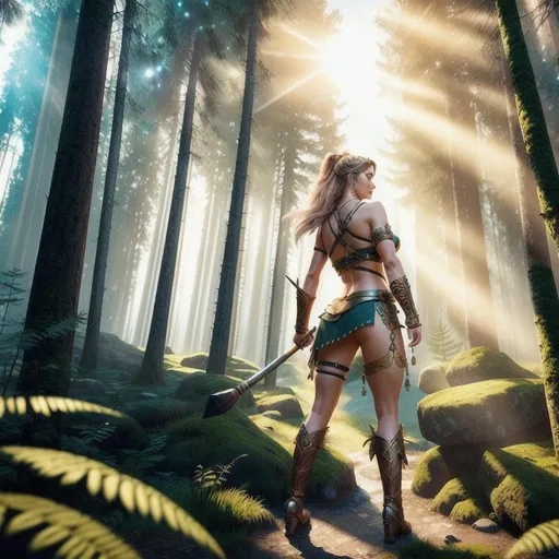 Prompt: {wide angle} {long shot} {center shot} 3D, HD, Fantasy, Mystical, Dreamy, ({Middle-aged}female as Barbarian) {facing camera}, Expansive Magical Forest background, ultra-detailed, backlit, shadows, ultra-sharp focus, detail, ominous, symmetrical, golden ratio, intricate, cinematic character render, unreal engine 5, 64K --s98500