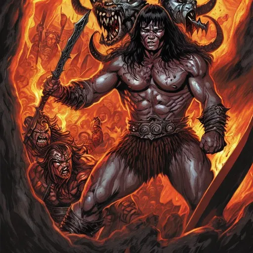 Prompt: Conan the Barbarian fighting demons in hell in color comic book style