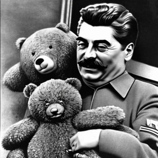 Prompt: joseph stalin hugging a teddy bear