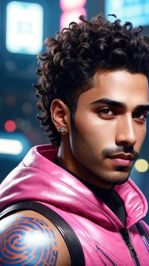 Prompt: A brown skin boy smirking with short curly hair and black eyes with a pointed nose and hairy eyebrow with pink lower lip and brown upper lip with a cyberpunk background, super highly detailed, intricate details, 8k, Ultra HD, Professional, Sharp focus, studio photo, Render, Realism 