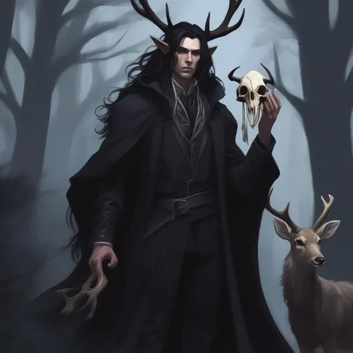 Prompt: dnd a male half-elf warlock with long messy black hair wearing a long black coat holding a deer skull in the dark forest