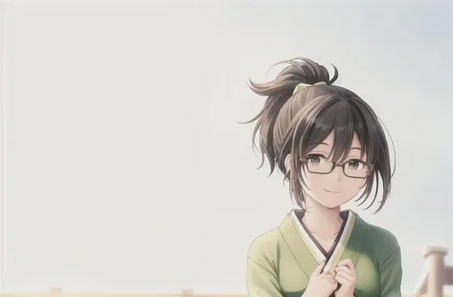 Prompt: Background: Japanese Training ground with Sunshine
Time: Morning 
Character: A mature lady, 30-year-old human with dark brown skin
Expression: Dark green pupils,  smiling confidently 
Face: Pure dark black full-frame glasses, black ponytail hair, with green bow 
Upper body: Wearing a green Japanese-style kimono
Lower body: Wearing Japanese-style wooden clogs