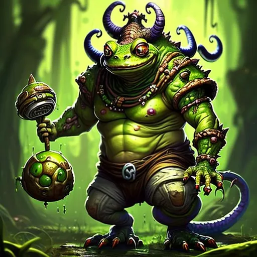 Prompt: an anthropomorphic bipedal swampy poisonous acidic toxic six-legged and wingless dragon that looks like a toad and salamander hybrid, short stubby body, mystical and magical, shaman witch doctor theme, Dungeons & Dragons character art, concept art, sharp focus, award-winning, and League of Legends splash art art style