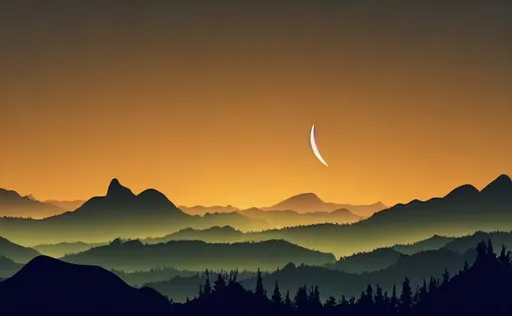 Prompt: Multiple layers of silhouette mountains, with silhouette of moon, sharp edges, at sunset, with heavy fog in air, vector style, horizon silhouette Landscape wallpaper by Alena Aenami, firewatch game style, vector style background