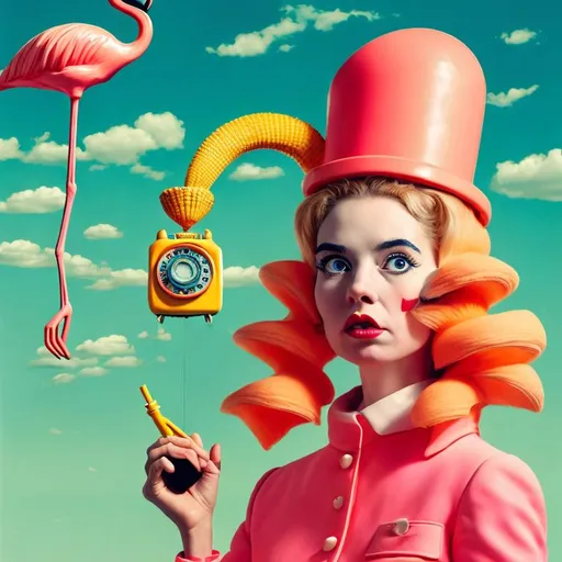 Prompt: Surrealistic portrait of a woman. A Wes Anderson and dr suess mashup. A surreal flamingo a safety cone and a 1960s telephone