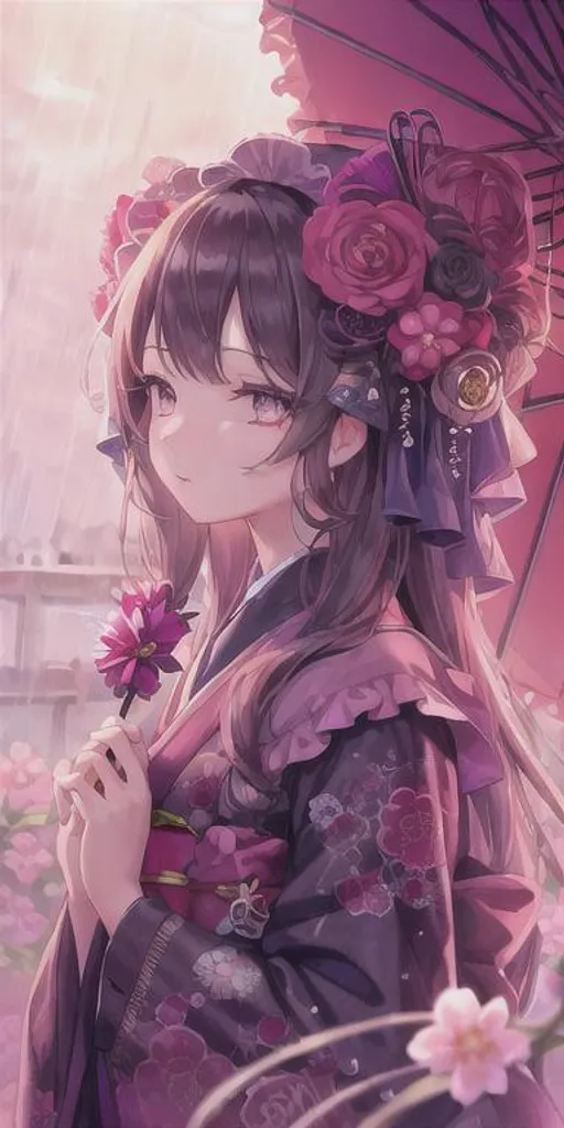 Prompt: masterpiece, illustration, best quality:1.2), 1girl, solo, typical girl, long eyelashes, masterpiece, body, detail, ) rainstorm, full HD, intricate hair, kimono