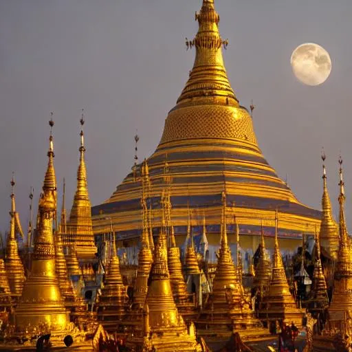 Prompt: shwedagon pagoda under moon 4k