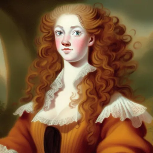 Prompt: Young woman in 18th century,red curly long hair with amber eyes, pale skin, with freckes, chubby face
Dressed with 1760 gown
 