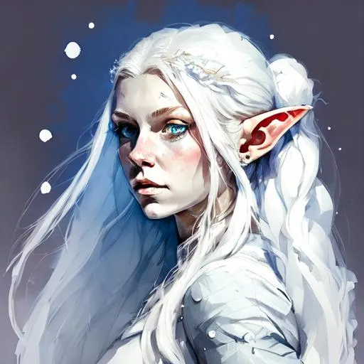 Prompt: Young female elf, long hair, white hair, icicles on head, blue eyes, front facing