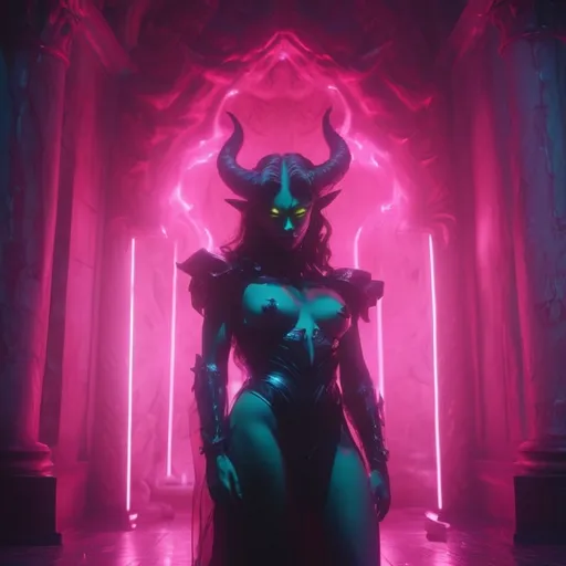 Prompt: demon, hell, demonic, vaporwave, retro, neon, aesthetic, liminal, high quality, high definition, beautiful, dramatic lighting