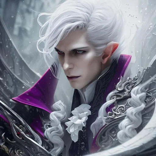 Prompt: Splash art portrait of male vampire, elf, 35 years old, youthful, handsome, white haired man, with short wavy white hair, {WHITE eyebrows}, red eyes, suave, charming, slight smile, slick, sophisticated, victorian dark clothes, purple clothes, elegant, highly detailed, intricate, smooth, sharp focus, artstation, digital painting, concept art, art by greg rutkowski, alphonse mucha and John William Waterhouse