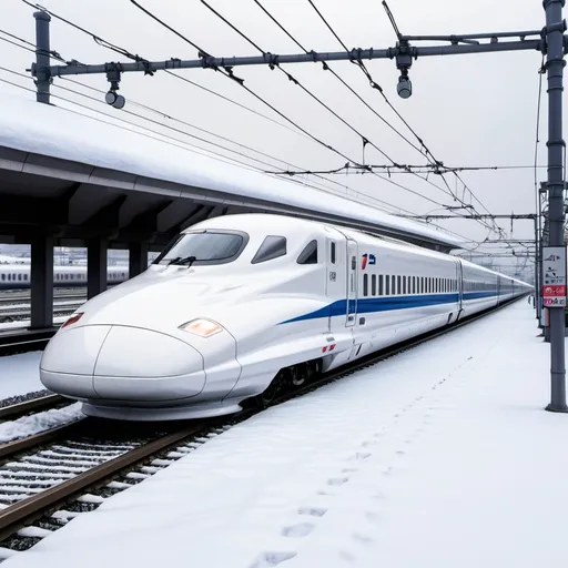 Prompt: Reference the Tōkaidō Shinkansen bullet train, depict the Shinkansen traveling between Tōkyō Station to Shin-Fuji Station from an exterior observers point of view. It should be a wide shot, panoramic views, snowy weather  during winter, during the winter months of the Yoshiyuki Sadamoto. During the snow, during the great snow, you can see the trend in the photographic painting, during the snow, extreme weather, photo from the ground, concept art, intricate, detailed, 4k, hd