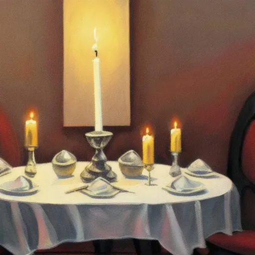 Prompt: A painting of a table set for a candlelit dinner at night