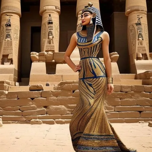 Prompt: A women's dress that blends the beauty of ancient Egyptian civilization with the elegance of the present
