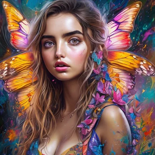 Prompt: full body portrait of a gorgeous young ana de armas, A highly detailed and hyper realistic lisa frank, trending on artstation, butterflies, floral, sharp focus, studio photo, intricate details, highly detailed, by Tvera and wlop and artgerm, alberto seveso and geo2099 style