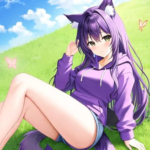 Prompt: Cute anime girl sprawled out on grass back on grass, high detail, purple hair, wolf ear and tail, Wearing a purple hoodie and jean shorts  high lighting purple butterfly wings on back