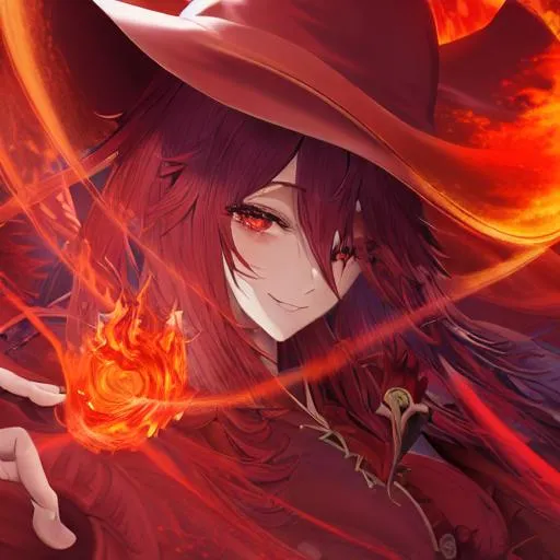 Prompt: anime, girl, fantasy, red witch hat, fire, smiling, detailed eyes and face, digital art, beautiful, wallpaper