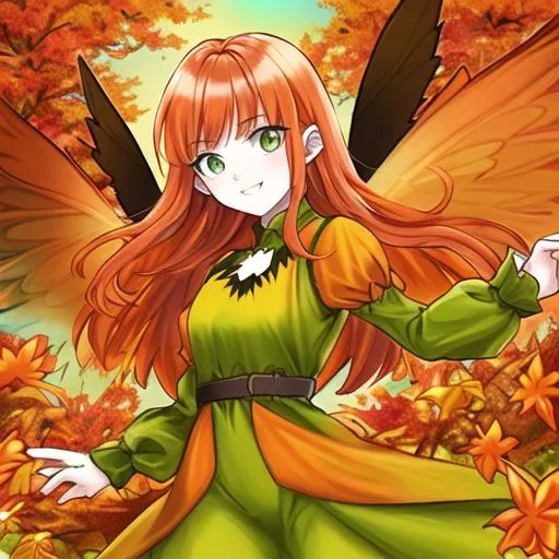 Prompt: Ginger hair fairy woman, orange wings, green dress, Autumn woods background 