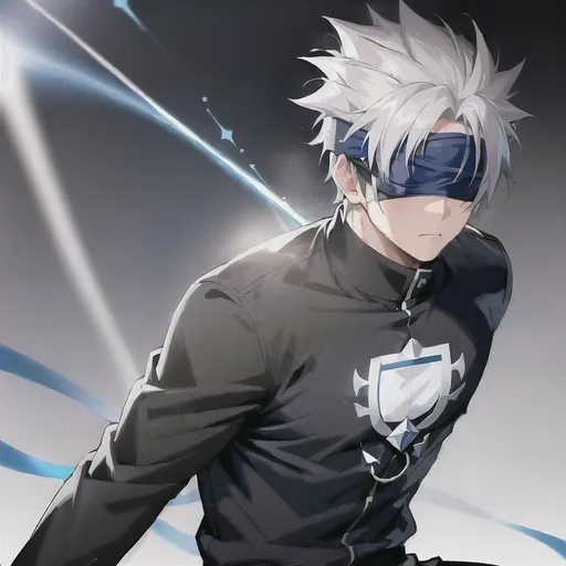 A white haired young anime boy, blindfolded, grey ci