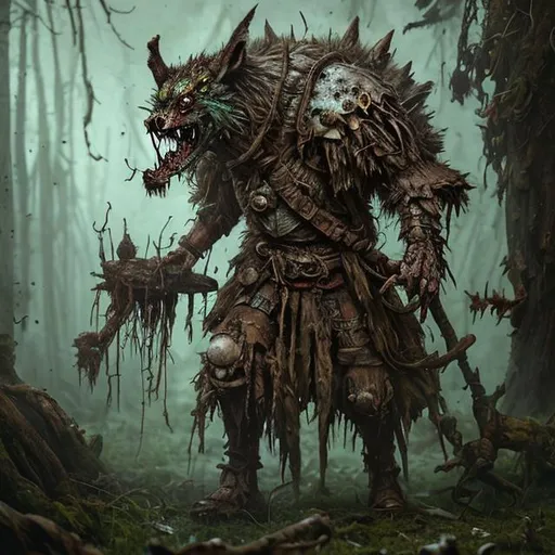 Prompt: gnoll zombie shaman, wooden armor, living armor, fungi, rotting, waiting, alone, moss, digitigrade, standing, D&D, fantasy, cinematic lighting, highly detailed, digital painting, artstation, concept art, smooth, sharp focus, illustration, volumetric lighting, epic Composition, 8k, art by Akihiko Yoshida and Greg Rutkowski and Craig Mullins, oil painting, cgsociety, distant, lonely