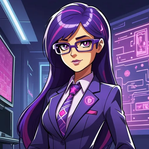 Prompt: Cyberpunk Equestria girls twilight sparkle with purple skin wearing a circuit business suit