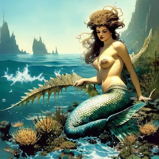 Prompt: beautiful mermaid with gills and spines Splashing and crashing water surrounds it as it breaches the surface of a briney seascape with a far off horizon, the mermaid glistens, frank frazetta, boris vellejo