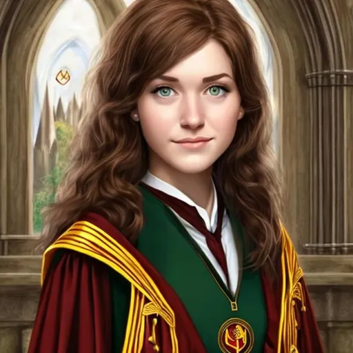 Prompt: brown-haired, green-eyed woman as a Gryffindor student at Hogwarts