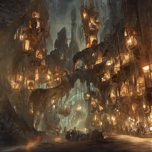 Prompt: suspended fantasy city, floating wooden platforms, inside a hollow mountain, floating platforms connected by walkways and rope bridges, dwarven, underground, stone, grey. cavernous, shaft, hole