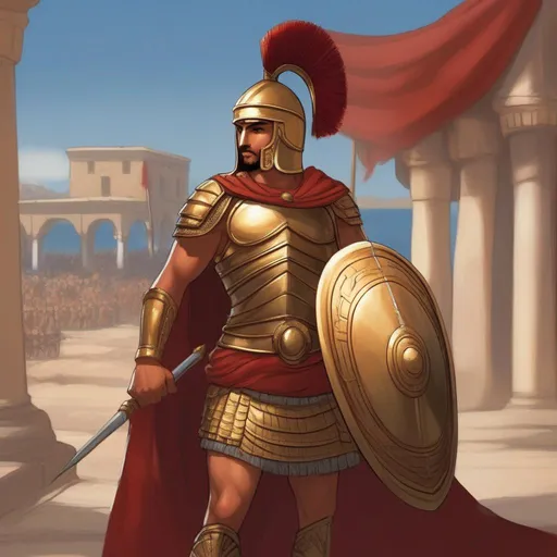 Prompt: A Carthaginian hoplite from ancient carthage He wields a Spear and holds a shield. He wears a full helmet. In background an carthage round port. Rpg art. Anime art. 2d art. 2d. Well draw face. Detailed. Dynamic pose. 