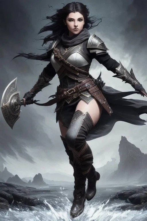 Prompt: breathtaking cinematic fantasy splash art of a female dungeons and dragons human ranger character using both hands to hold a handgonne, full body image, mid stride, dashing, curvy, action shot, dark and darker style splash art, ((dark hair)) pretty face, soft expression, high detail, high contrast, white background, tight clothing, worn and distressed clothing, flowing dark grey military style double breasted greatcoat, napoleonic style military uniform, blue insignia, brown utility belt around waist, white riding breeches, tall black riding boots, pouches on belt for musket balls and cleaning equipment, holding arquebus in both arms, poleaxe strapped to back with leather sling, small bag on strap slung over shoulder, white leather gloves, pale skin, dark brown eyes, dark brown hair, long wavy hair, hair covered partially by tattered headscarf, HDR (((((16:9 1080p 4k wallpaper))))), face clearly visible (((16:9 4k wallpaper)))