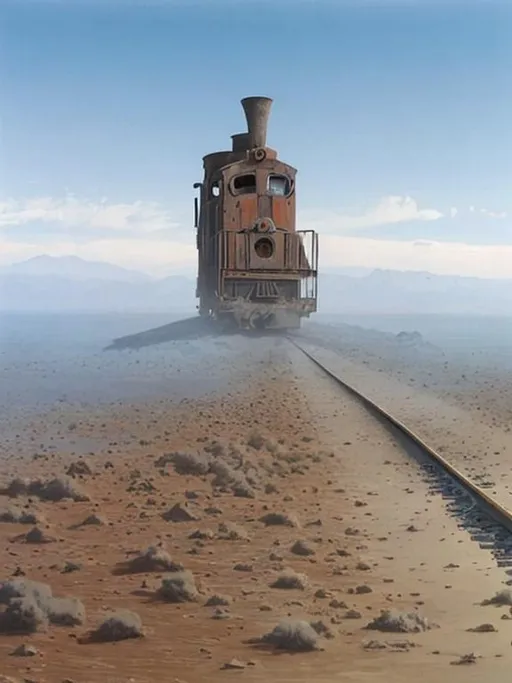 Prompt: Abandoned train in the desert flud 