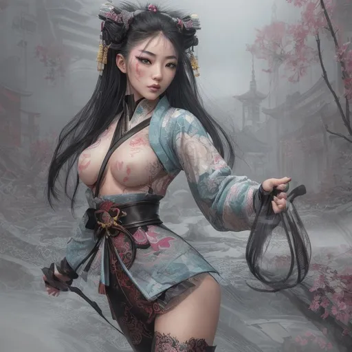 Prompt: Professional Photo Realistic Image of a hyper stylized martial artist beautiful perfect young East Asian Woman, perfect super cute face, absolute proportions, amazing body, intricate hyper detailed random color hair, intricate hyper detailed Geisha style makeup, intricate hyper detailed full body visible, lean feminine body, leather and lace outfit, Assassin,

In a surreal absolutely stunning hyper detailed dystopian landscape of an ancient city in east Asia,

HDR, UHD, high res, 64k, cinematic lighting, special effects, hd octane render, professional artist, studio lighting,

by Artstation illustrators, by DevianArt illustrators, intricate details, face,  full body portrait, headshot, illustration, UHD, 4K