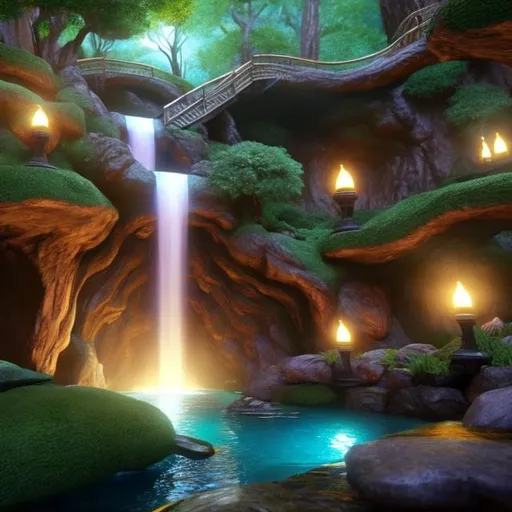 Prompt: Envision a glowing waterfall in a lush forest. Fantasy, another dimension. Hyperrealistic, UHD, HD, 8K, a portal rests besides the river