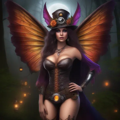 Prompt: Wide angle. Whole body showing. Very detailed Illustration. Photo real. Very realistic. A beautiful, buxom woman with broad hips. Colorful, extreme bright eyes,  standing in a forest by a sleepy town. Shes a Steam Punk Witch, a Winged Fairy, with a skimpy, very sheer, gossamer, flowing outfit. On a colorful, Halloween night. 