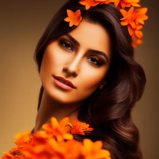 Prompt: latina brunette with orange flowers in her hair, 8k resolution, concept art portrait, dynamic lighting, hyperdetailed intricately