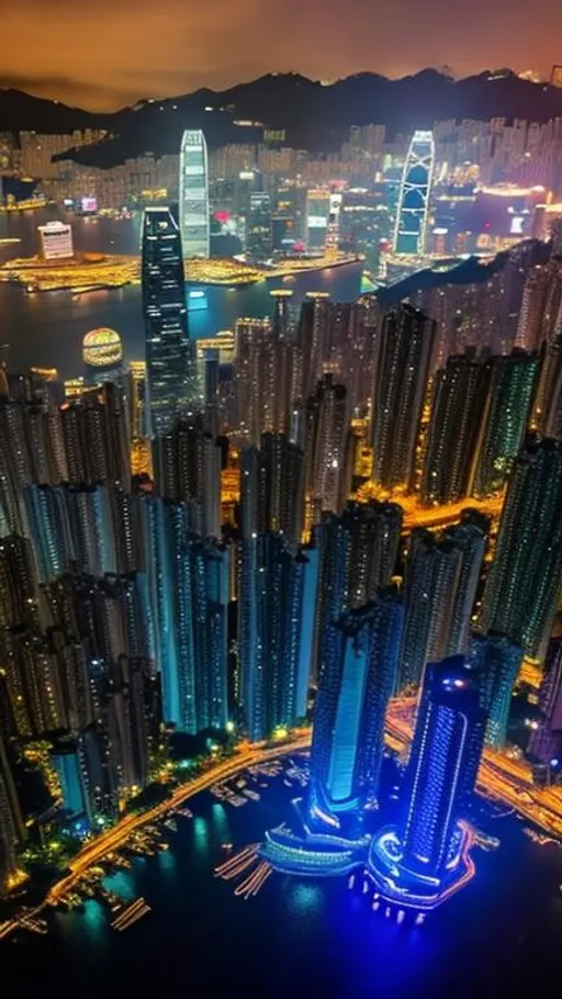 Prompt: Breathtaking aerial photography of Hong Kong at night, with Turquoise Blue lights