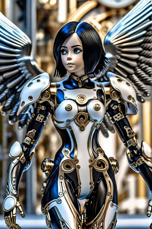 Prompt: 64K UHD HDR Photo of Alita Battle Angel in Porcelain Plated Mechanical Body. Black Bob-Styled Hair. Angelic Wings. Intricate Clockwork Steampunk. Unreal Engine 5. Kawaii ♥