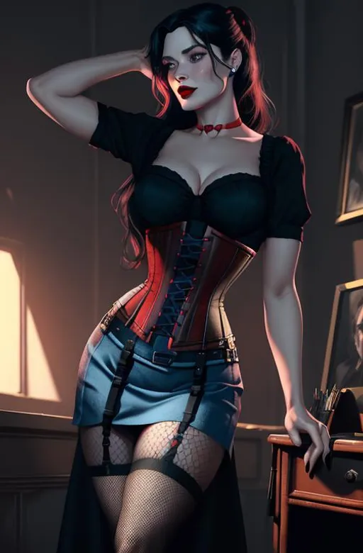 Prompt: "the femme fatale" (painting) by ((((style of Greg Rutkowski)))), digital painting, (gritty noir),  dominatrix woman with long black hair, ((((blue eyes)))) red lips, black, )black pencil skirt), black waist corset, (red silk blouse), fishnet tights, set in a warmly lit private detective's office