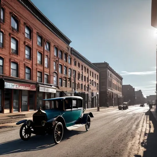 Prompt: Early tall 1900s buildings road old 1930 black ford car high resolution 4k daytime nice weather light blue sky 