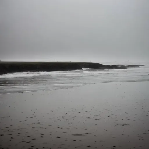 Prompt:   Foggy and dark weather beach that water is so far