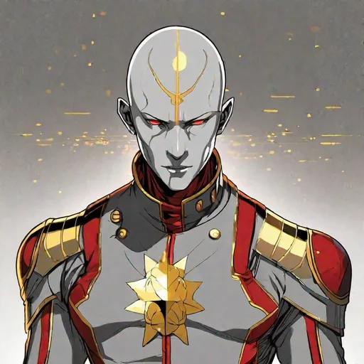 Prompt: A humanoid with "red" skin and bald head in gray uniform decorated with three lines of gold on the chest. Marvel comics art. Comics art. 2d art. DC comics art. Well draw face, detailed.