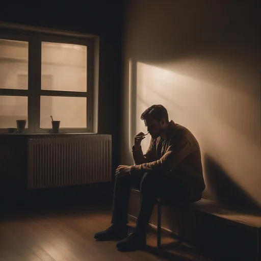 Prompt: lonely man sitting in a dimly lit room and smoking cigarettes' for Instagram profile pic 
