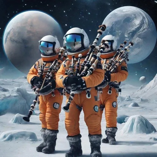 Prompt: Galician bagpipers in colored spacesuits and mirrowed space helmets playing the bagpipe in frozen planet pluto