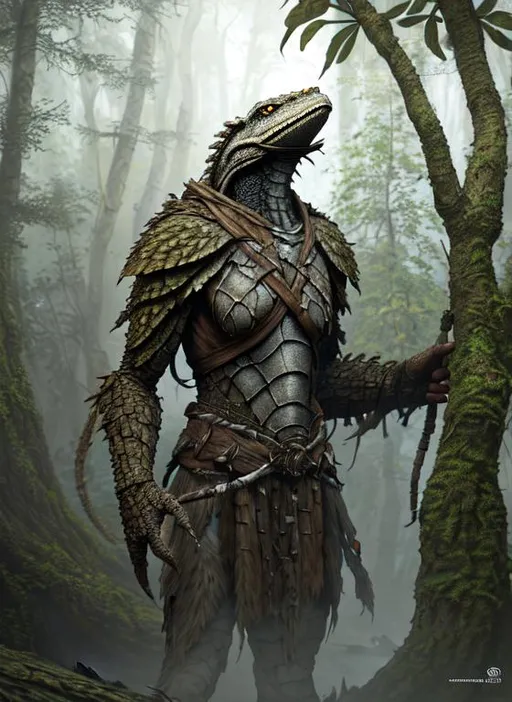 Prompt: perrealistic mixed media image of argonian green elder scrolls, wearing basic shamanic primitive clothing, with rustic camouflage details, stunning 3 d render inspired art by greg rutkowski and xiang duan and thomas eakes, perfect facial symmetry, flesh texture, realistic, highly detailed attributes and atmosphere, dim volumetric cinematic lighting, 8 k octane detailed render, post - processing, masterpiece,