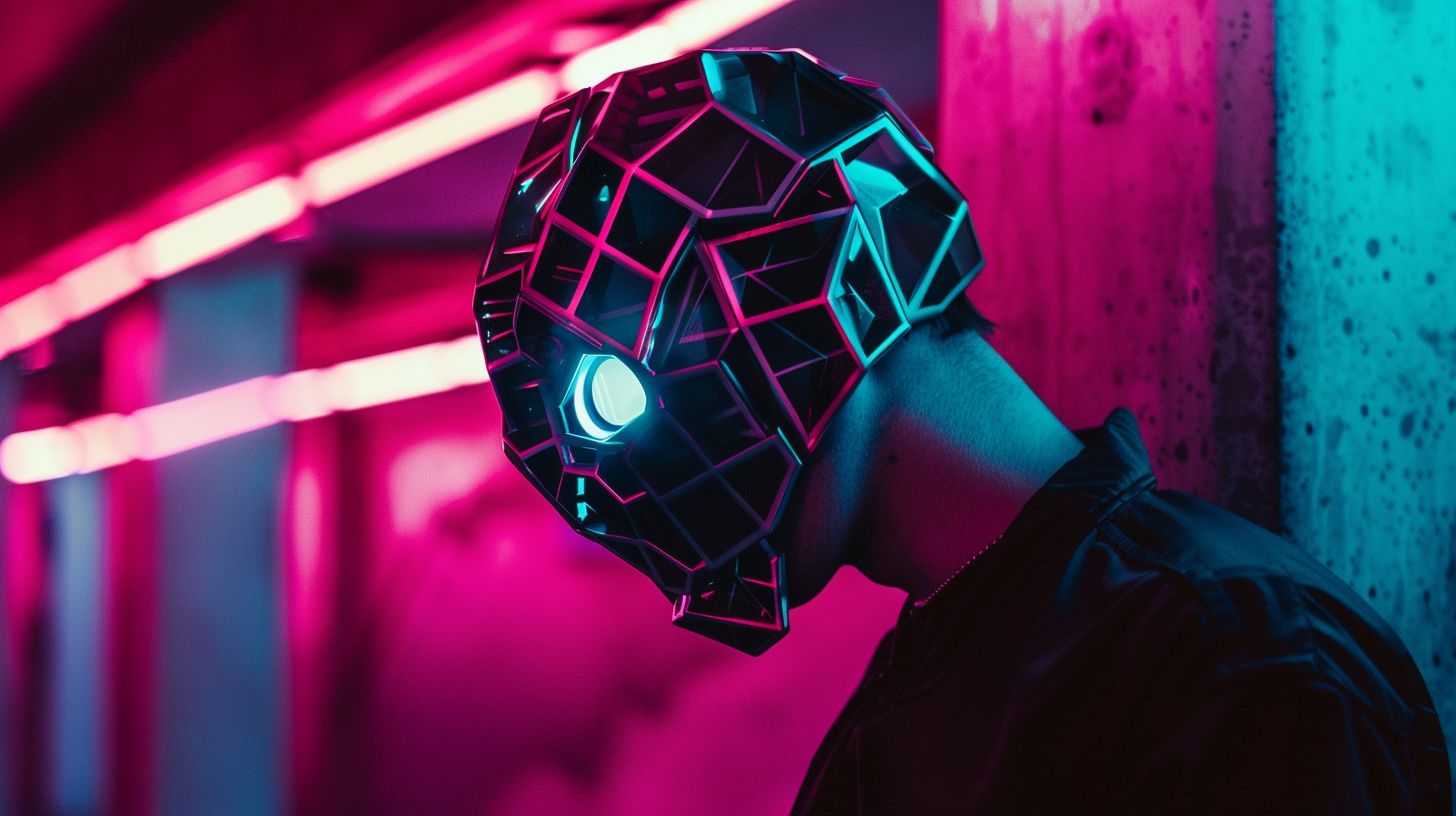 Prompt: Photo of a man wearing a unique head mask, bathed in the glow of neon lights, evoking a sense of cubo-futurism and b-movie aesthetics