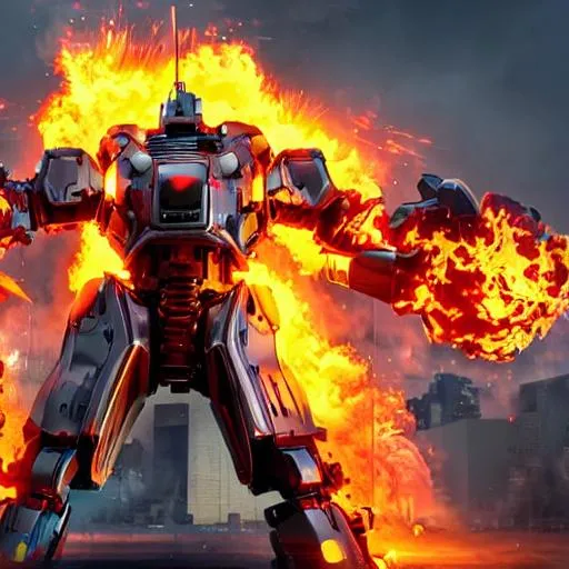 Prompt: Giant robot with flaming sword flaming guns and a shield, attack, extreme explosion, cyber war, hd ultra 4k, cinematic, hyper-realistic