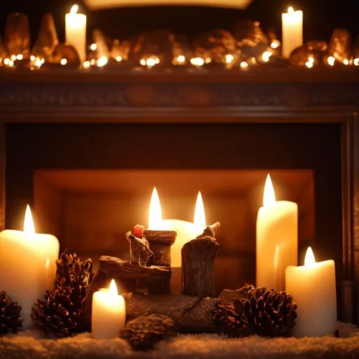 Prompt: cozy fireplace close up shot, photorealistic, candle on mantlepiece, nighttime, dark room