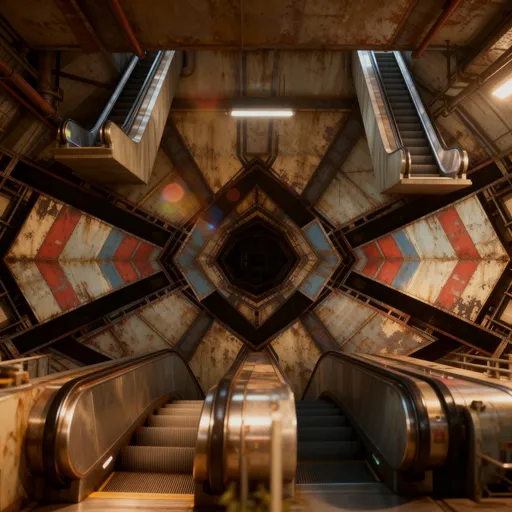 Prompt: Also have escalators on top, left and right side of the image. Make it look like it cool really work, hyperrealistic.  Make them all go in different directions, leading nowhere into the void in the middle. 
