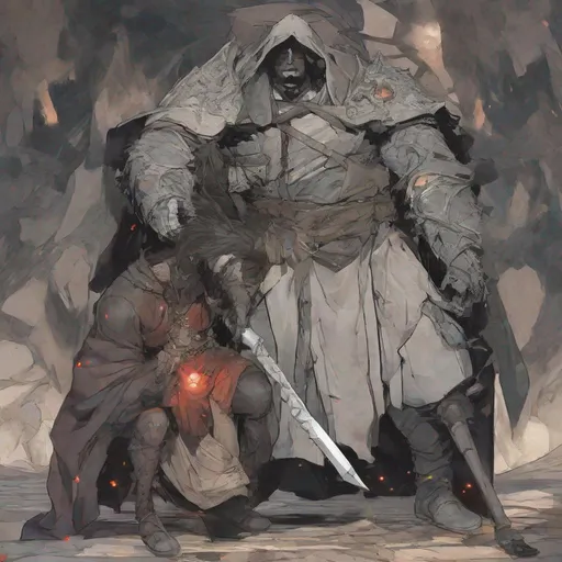 Prompt: Tall, Intimidating, Large, male, Solomon Grundy/goliath D&D build, black hair,  very dark grey scarred skin, covered in bandages, dark tattered cloth armor exposes his midriff, hood of magical darkness that completely shrouds his face with a mask of darkness, large red gem between pecs in chest, Path of the Zealot Barbarian, Strong, wielding large two-handed great-axe, Fantasy setting, D&D, Dead clerics around him, undead, zombie